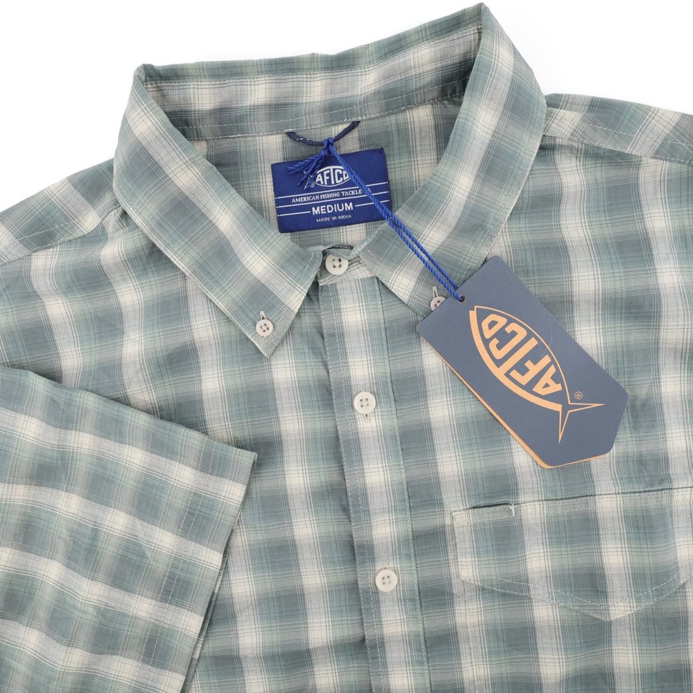 NEW AFTCO Portside Tech Plaid Button Down Shirt Jade Dust Short Sleeve Mens M